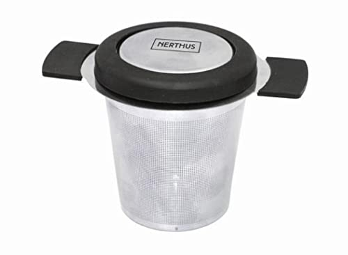 NERTHUS FIH 261 - Filtro de té, malla de Acero Inoxidable, Infusor de Té, Colador de Té con tamaño perfecto, Doble Asa, Negro O Gris, 11.3 x 11.7 x 8 cm