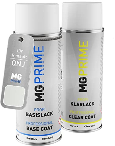 MG PRIME Autolack Set Spraydose für Renault QNJ Blanc Cristal + Klarlack | Pyrenees-Weiss, Set aus Basislack + Klarlack, Sprühdosen 400ml