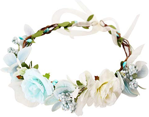 YnimioAOX Handgefertigter verstellbarer Blumenkranz-Stirnband, Halo, Blumenkrone, Girlande, Kopfschmuck, B21, Hellblau/Weiß