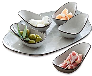 LOBERON Servierschälchen 6er Set Biarré, fünf Schälchen + Unterteller, für Dips und Saucen, traditionelle Handarbeit, Küchenutensilien, Tischaccessoires, Steinzeug, grau