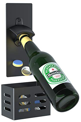 LEcylankEr Magnet Flaschenöffner mit Auffangbehälter,Wandmontage Kohlenstoffstahl Bierflaschenöffner für Küche kühlschrank,Bier geschenke für Männer (schwarz)