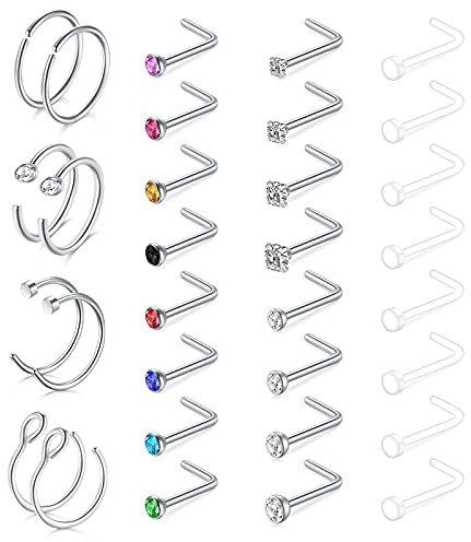 Incaton 1mm Nasenpiercing 32 Stk C Form Nasenring Nasenstecker Spirale L-Form Set aus Edelstahl 18 Gauge Nasenring Rundes Lippenpiercing Labret Piercing Schmuck Silber