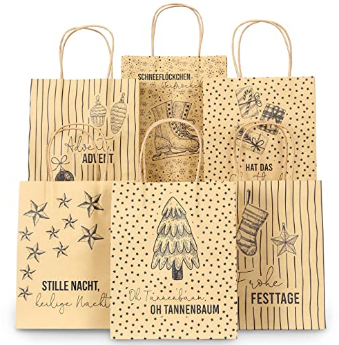 Papierdrachen Geschenktüten Weihnachten groß - 6 Stück - beige mit schwarzer Schrift - 22×18×8 cm - inkl. 6 Karten - Henkeltüten Geschenkverpackung