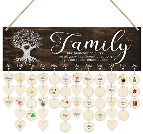 CHDITB Family Birthday Reminder Calendar Board(16”x5), DIY Birthday Gifts for Mother’s Day Valentine's Day, Wooden Family Friends Birthday Tracker Wall Hanging with 100 Heart/Circle Tags (Brown)