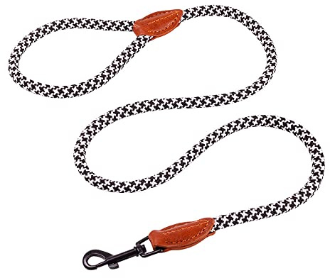 AllPetSolutions Rope Dog Lead - Heavy Duty Walking, Running, Outdoor Training Lead for Dogs - Anti-Tangle Leash with 360 Hook, Strong Clip, Easy Grip Loop Handle - Black/White, Braided Nylon, 120cm