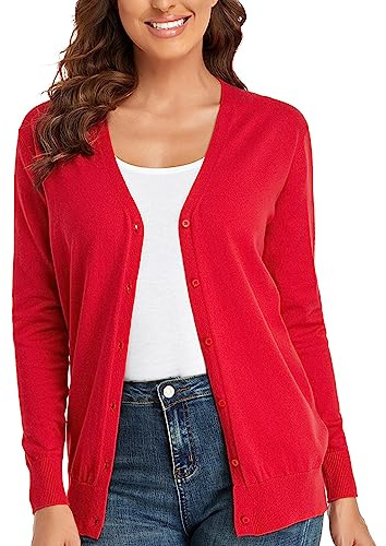 CUNYI Cardigan para Mujer Escote en V Rebeca de Punto Manga Larga Chaqueta de Mujer con Botones Abrigo Elegante, Rojo M