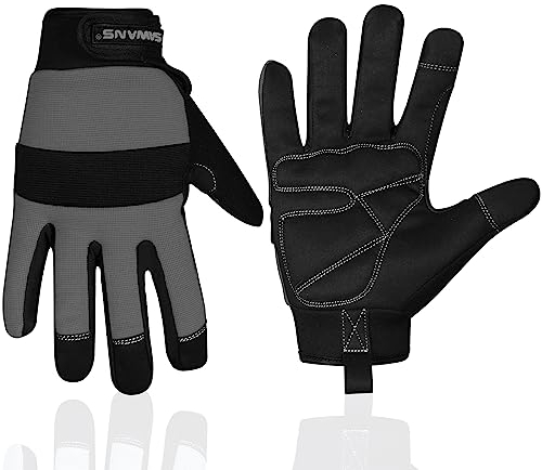 SAWANS Safety Work Gloves Gardening Working Gloves Mens Women Mechanic Construction Utility Flexible Padded Palm Protection Touch Screen Breathable Builder Multi-Functional (M, Black/Grey)