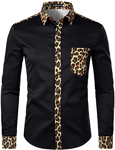 PARKLEES Men's Hipster Leopard Design Slim Fit Long Sleeve Button Up Dress Shirts Black XL