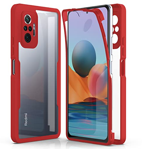 AICEK Compatible con Xiaomi Redmi Note 10 Pro Funda, 360 Grados Full Body Fundas para Redmi Note 10 Pro Bumper Case con Protector de Pantalla Antigolpes Carcasa Roja