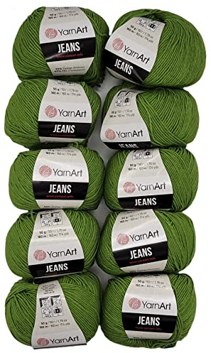 10 x 50g Strickwolle YarnArt Jeans einfarbig mit 55% Baumwolle, 500 Gramm Wolle uni (grün 69)