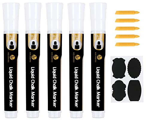 welsberg Kreidestifte Marker Set Weiss, 5 Stück Flüssigkreide-Markern 5mm Spitze mit 16 Etiketten und 5 Extra Spitzen, Kreidemarker für Tafeln, Fenster, Glas, Whiteboard, 10 Gramm Jumbo Tinte