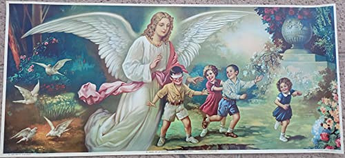 Genérico El Ángel de la Guarda. Ediciones Ángel Alemán. Murcia. Lámina antigua. Grabado. Oleografía. Religión. Salvación Niños. Kitsch.