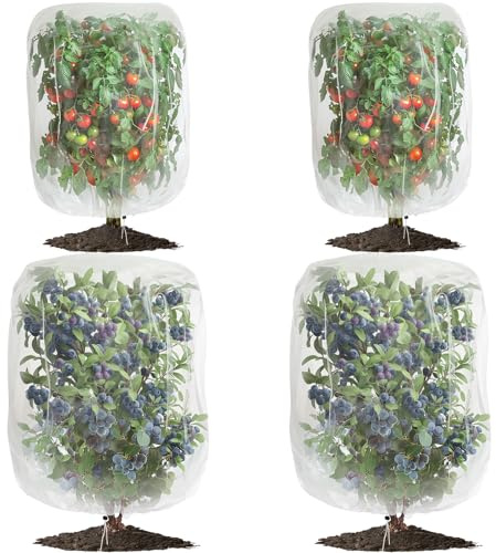 4 Pack Garden Mesh Netting for Plants 2.6x3.3ft - 3.3x4.9ft Insect Bird Netting Pest Barrier Bag with Drawstring 2 Size Fruits Tree Blueberry Bush Netting Cover Bag Protection for Vegetables Tomato