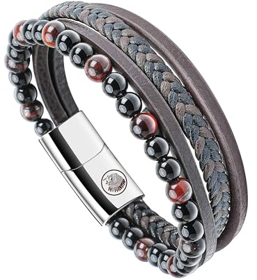 Casisto.J läderarmband herr herr läder flätad pärla rostfritt stål svart brun blå med magnetlås enkel förpackning, 19, Läder