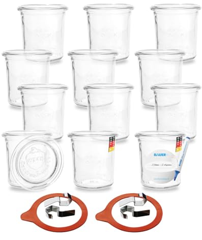 Flaschenbauer Weck RR60 Lot de 12 bocaux en verre - 140 ml - Bocaux polyvalents pour gâteaux, confiture et conserve - Pot décoratif avec étiquette - Fabriqué en Allemagne