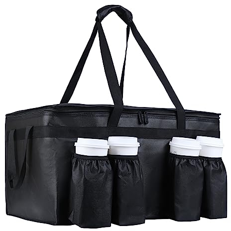 CIVJET Insulated Food Delivery Bag with 4 Cup Holders, XX-Large Insulated Grocery Bags Keep Food Hot/Cold, Cooler Bags with Drink Carrier, Food Carrier Catering Bag, Commercial Food Warmers, Black