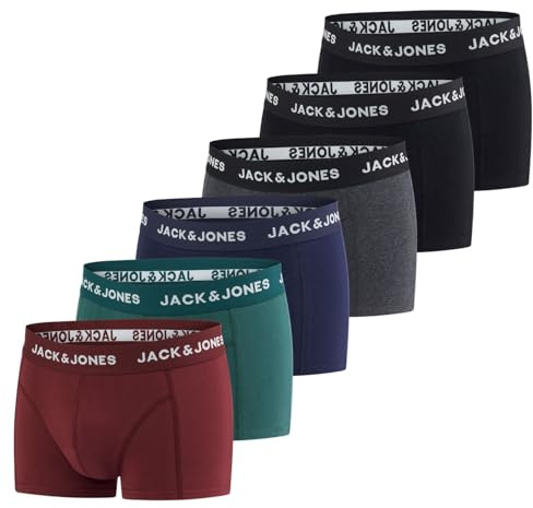 JACK & JONES Boxershorts för män, 6-pack, basic boxershorts stretch, kalsonger, underkläder, retroshorts, set, bomull, svart, röd, grön, blå, grå, S, M, L, XL, XXL, 3XL, Förpackning 2, M