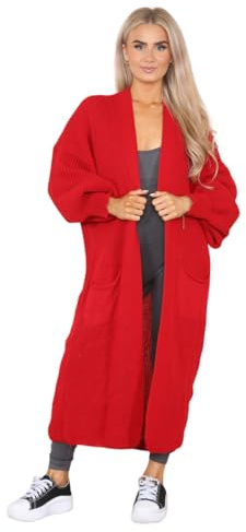 celebmodelook Womens Balloon Sleeve Cardigan Ladies Chunky Knitted Open Front Winter Oversized Long Maxi Cardigan Red