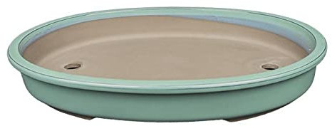 Japanische Bonsaischale Morrisan oval aus grün glasiertem Steinzeug 22x16x4 cm - B23-44c