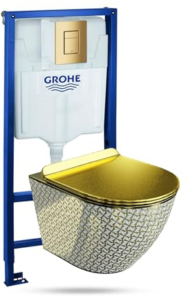 LAVITA Vorwandelement Solido + Wand Hänge WC Sofi Slim Golden Never Die Weiß Spülrandlos + WC-Sitz mit Absenkautomatik Goldener Knopf Komplettset Unterputz Spülkasten Toilette Komplett Sett WC