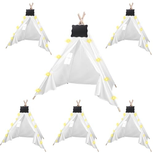 MBJZSL 6pcs Teepee Tents Set with Markeable Small Blackboards and 10FT String Lights, Foldable Indoor Outdoor Play Teepee Tent for Girls & Boys, for Birthday Party Boho Sleepovers Party (White)