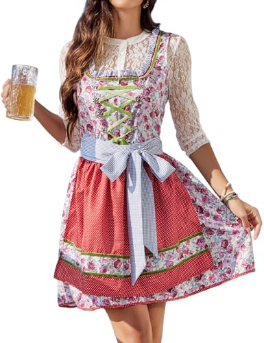 Zeagoo Dirndl, dam, midi, traditionell klänning, elegant, oktoberfest, klänningar, kostymmode, klänning, 2 delar. Tyskland festlig ölfest med förkläde, rosa, XS