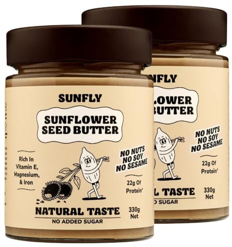 SUNFLY Natural Sunflower Seed Butter - No Added Sugar, Nut-Free, Tahini Alternative - Palm Oil & Allergen Free, High Protein Vegan Spread with Natural Sweeteners - 2 x 330g Jars
