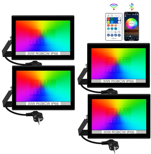 Projecteur LED Extérieur Couleur, T-SUNUS 30W Projecteur LED RGB avec APP Bluetooth et Télécommande, IP66 Etanche Spot Extérieur Pour Arbre Soirée Bar Fête Noël 4 Pièces