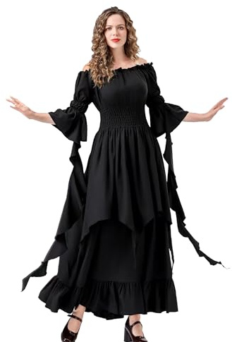 Velcoxplay Damen Retro Renaissance Kleid mit Trompetenärmel, Mittelalterliche Viktorianischen Königin Kleider Karneval Halloween Prinzessin Kostüm Schwarz L-XL
