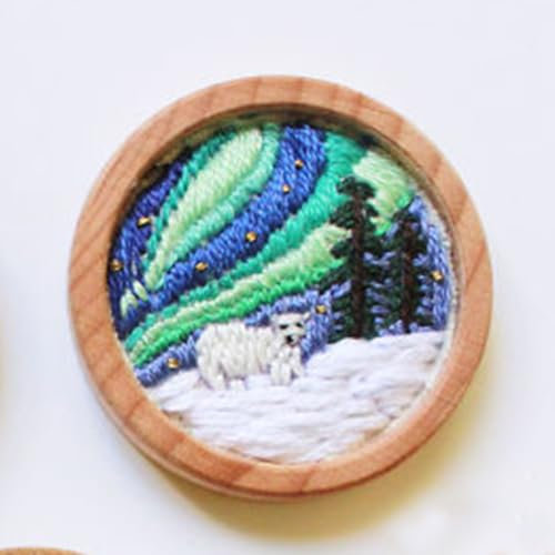 N.LANSHAN Embroidery Kit Aurora-Landschaft，Stickmuster，Eisbär，Tier，Kreuzstich-Set，Starter-Werkzeugset，Mit Stickrahmen Und Anleitung，Für Diy-Kunst，Basteln，Stickstich 30x30cm