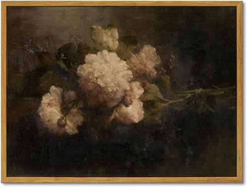 KBKBART Gerahmte Vintage-Leinwandkunst, dunkles Vintage-Stillleben-Blumen-Ölgemälde, klassische stimmungsvolle Pfingstrosen-Blumenstrauß-Drucke für Wanddekoration, antikes Blumen-Kunstgemälde