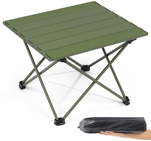 Outplea Mesa Plegable Pequeña de Aluminio para Camping y Playa, Baja Portatil con Bolsa, Ligera para Exterior Senderismo Picnic Viaje, Verde
