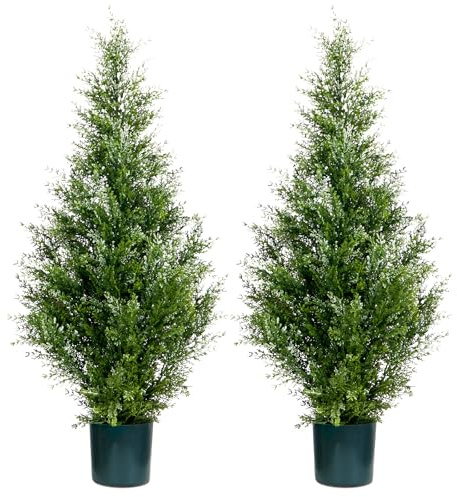 Leflos Artificial Cedar Topiary Trees, 90CM Faux Cypress Christmas Trees Outdoor, UV Resistant Fake Pine Trees, 3ft Fake Evergreen Potted Plants For Home Front Porch Door Decor, Set Of 2