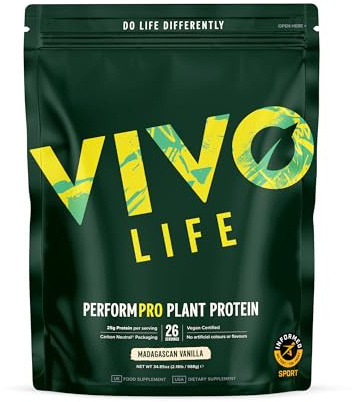 Vivo life Perform Plant Protein Powder | 25g Protein with BCAAs, Iron, Zinc, Turmeric & Herbal Enzyme Blend | Lactose Free & Easy to Digest | Informed Sport Certified Madagascan Vanilla - 26 Servings