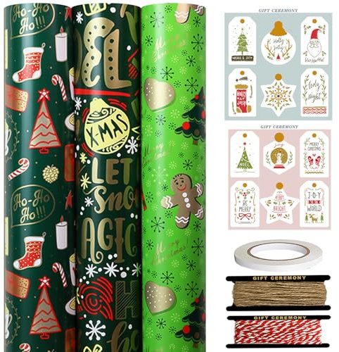 FullJoyHut 3 Rollen Weihnachtsgeschenkpapier je 43cm x 3M - Grünes Geschenkpapier Weihnachten Rollen Set, Weihnachtspapier mit Geschenkanhänger Geschenkband für Xmas Geschenkverpackung