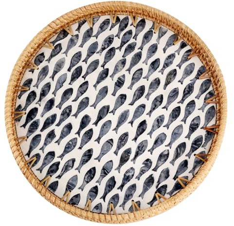 Tynulox Round Rattan Tray with Mother of Pearl Inlay, Rattan Serving Tray for Coffee, Bread, Fruits, Decorative Wicker Tray for Table Decor, Home Decor, Kitchen Island Decor (Black Fish, 11.8)