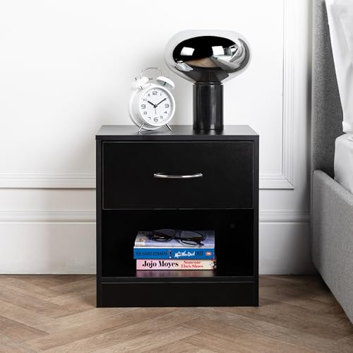 Home Treats Wooden Bedside Table Black | 1 Draw Nightstand with Storage Shelf | Side Table Bedroom Storage Furniture (Set of 1, Black)