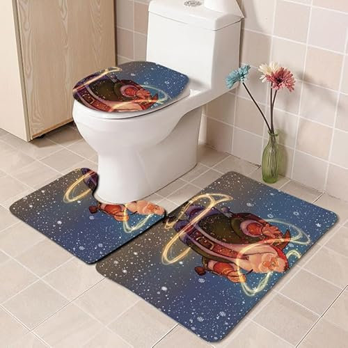 Bad Teppiche Set Blauer Weihnachtsmann Badezimmerteppich Waschbar WC Vorleger mit Ausschnitt und WC Deckelbezug 3 Teilig Badematte rutschfest Toilettensitzbezug Badgarnitur 45x75 cm