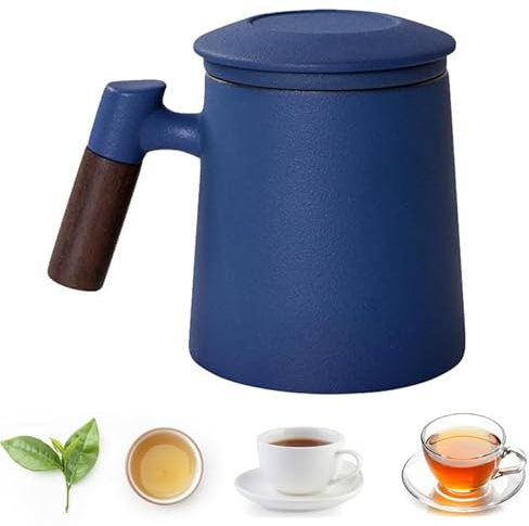 Tazas de té para la vida diaria, tazas de té grandes de 400 ml, tazas de té de cerámica con mango de madera, tazas de té con tapa y filtro, tazas de té para regalos, tazas de té con filtro y tapa