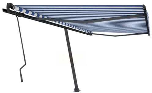 AJJHUUKI Freistehende, manuell einziehbare Markise, 450 x 350 cm, Blau/Weiß