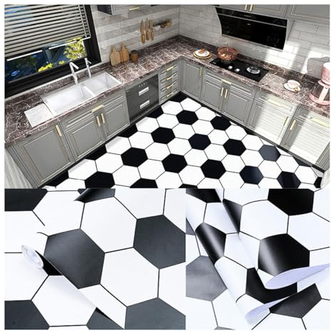 Hexagon Peel and Stick Vinyl Flooring Roll 60cm x 5m - Non-Slip PVC Tiles for Bathroom, Kitchen & Living Room - Stylish Black and White Floor Covering