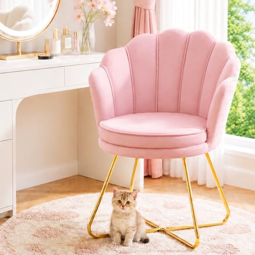 Hellove Esszimmerstühle Schminktisch Stuhl aus Samt, Schminkstuhl Muschel Stuhl mit Gold Metallbeinen, Rosa Vanity Sessel, Elegant Loungesessel, Armlehnstuhl für Schlafzimmer & Wohnzimmer
