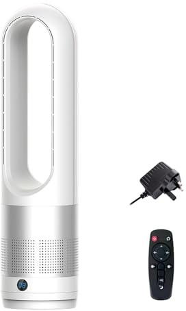 Pneterg Ventilateur Colonne Sans Pale Purificateur d'air, Ventilateur Tour Silencieux avec Télécommande, Oscillant à 80°, Écran LED, Minuterie 8H, Ventilateur Sans Lame Pour Bureau Chambre