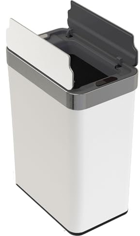 Well Home Poubelle de 50 l en acier inoxydable avec ouverture d'ailes et capteur automatique H. 53 cm Blanc