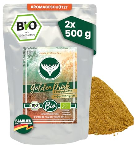 Azafran BIO Golden Drink PLUS, Kurkuma Latte + Gerstengras & Hagebutte Gewürzzubereitung für Goldene Milch Getränke 1kg