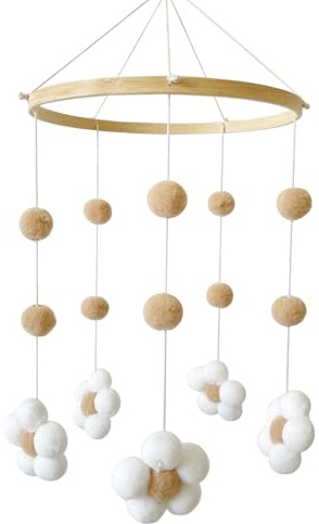 Mobile Baby aus Filz, Baby Mobile für Bett & Wickeltisch, Handmade Windspiel mit natürlichen Holzperlen, Mobile Baby Basteln Filz, Neugeborenen Geschenk für Jungen und Mädchen (Helles Kaffeebraun)