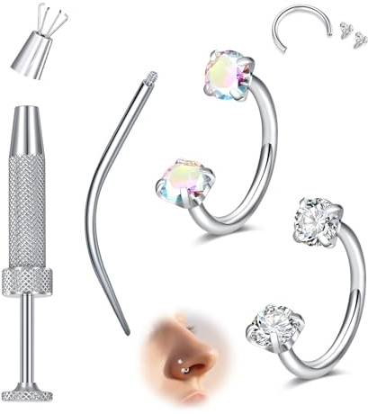 MODRSA Näsring näsa-piercing septumring: 2 st 18 g hästsko kirurgiskt stål näsring guld piercing smycken kvinnor zirkonium 8 mm med bärverktyg, Rostfritt stål