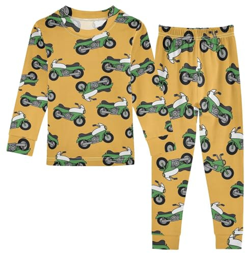 WIFIU Pajama Sets Long Sleeve Top and Pants Motorbike Yellow Background Printed, Soft Cotton Sleepwear 2 Piece Pjs Set for Home Casual Size 5Y