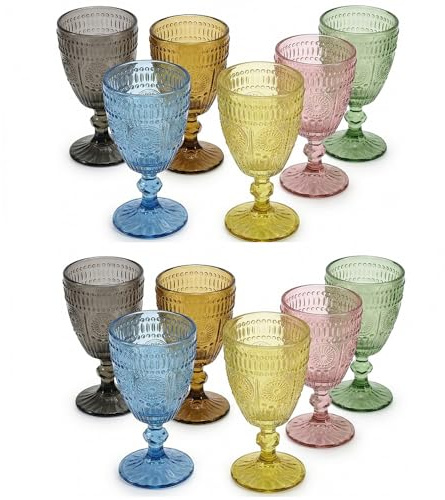 COSE DA CASA Set 12 Bicchieri Calici Vetro Colorati Stile barocco con Piede Lavorati Vintage Eleganti per Vino Acqua Cocktail Capacità 30cl Servizio Multicolor Tavola Occasioni Eleganza