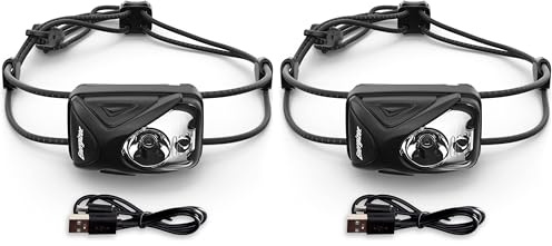 Energizer Mini Rechargeable LED Head Torch, Lightweight, Powerful Bright Rechargeable Headlamp, Water Resistant Headlight for Camping and Running, USB Charging Cable Included (Pack of 2)